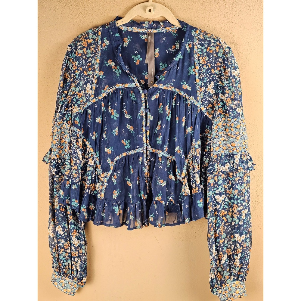 By Anthropologie Womens Blue Sheer Babydoll‎ Blouse Shirt Top Medium